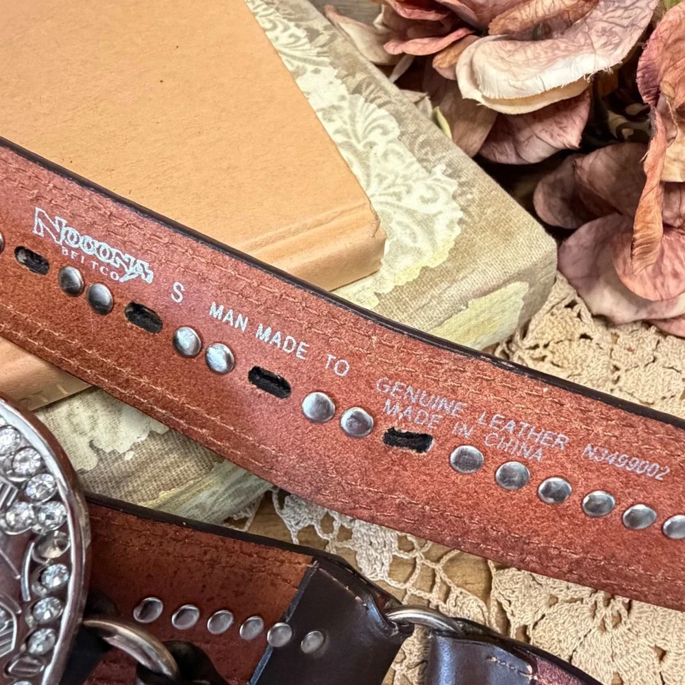 Nocona Belt Co Womens Brown Black Leather Rhinestone Studded Western Belt Small